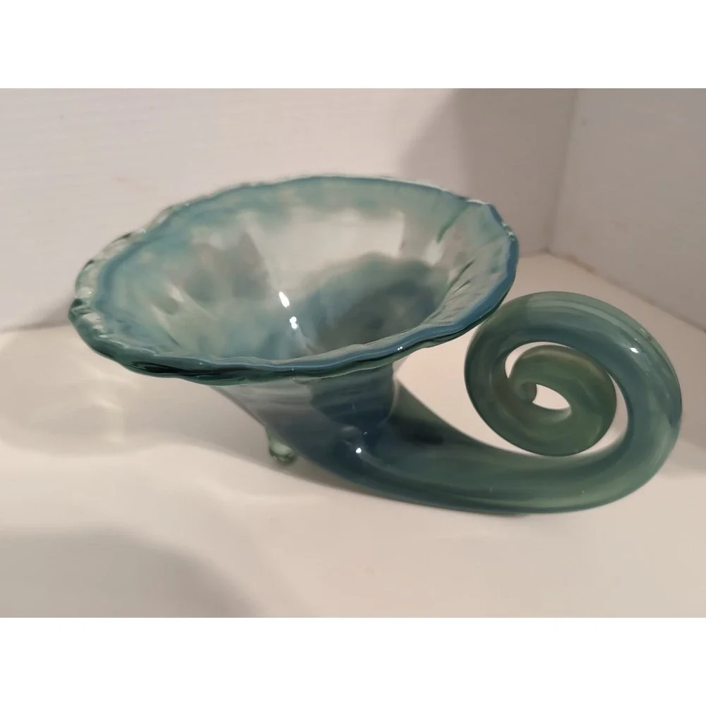 Vintage‎ Sooner Glass Hand-Blown Cornucopia Bluish Green Bowl